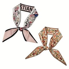 2pcs Floral Skinny Scarf Long Ribbon Neckerchief Twilly Scarf for Women