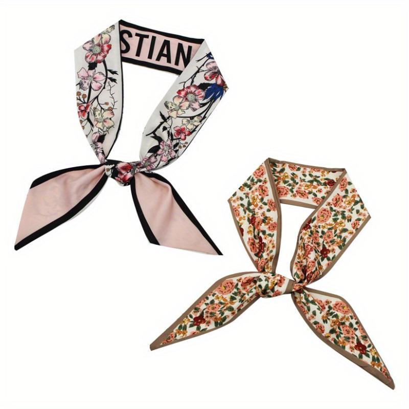 2pcs Floral Skinny Scarf Long Ribbon Neckerchief Twilly Scarf for Women