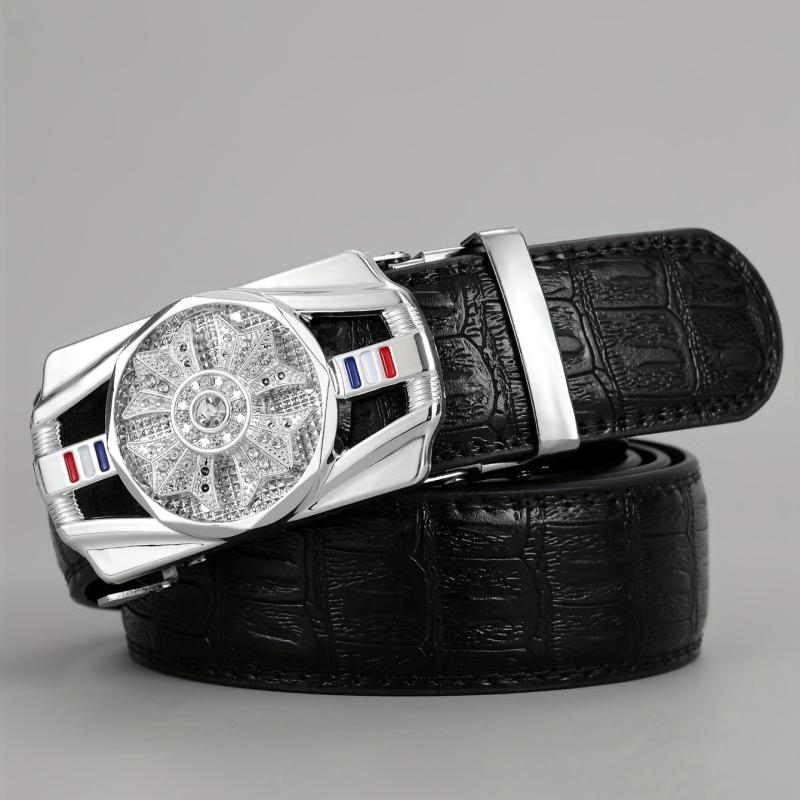 Men's PU Leather Automatic Buckle Belt with Flower Decor