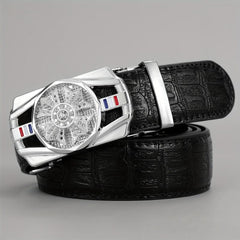 Men's PU Leather Automatic Buckle Belt with Flower Decor