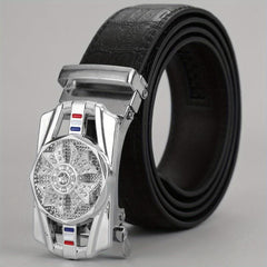 Men's PU Leather Automatic Buckle Belt with Flower Decor
