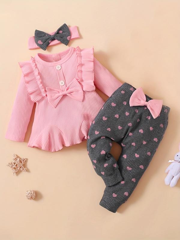Cute Baby Girl 3-Piece Outfit Set Ruffle Top Leggings Bow Headband