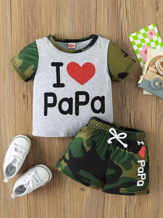 Toddler Boys Love Print T shirt & Camo Shorts Set