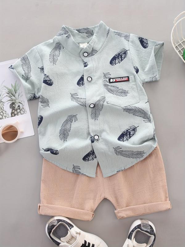 2pcs Baby Boys Feather Print Shirt & Shorts Set Cotton Casual Clothes