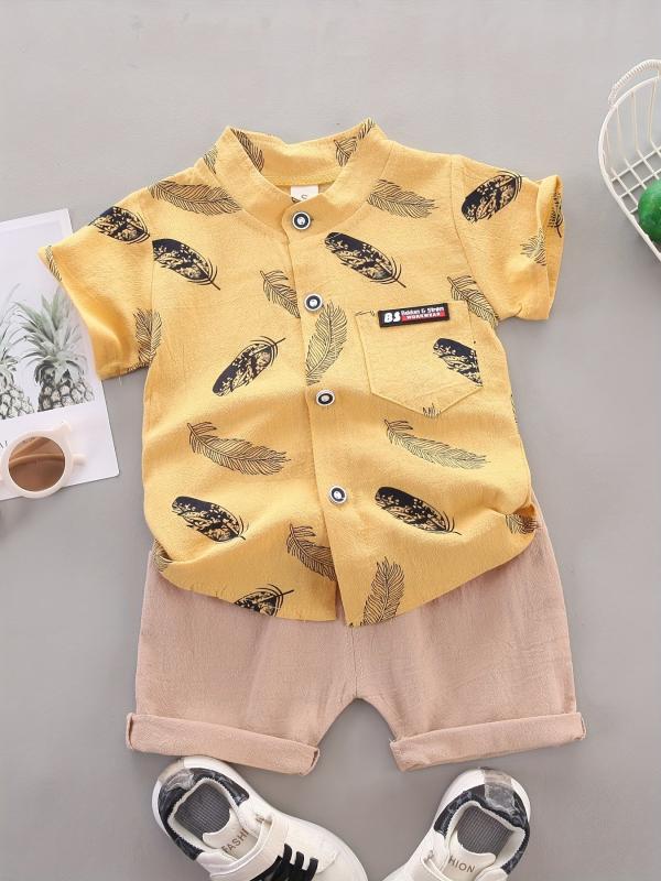 2pcs Baby Boys Feather Print Shirt & Shorts Set Cotton Casual Clothes