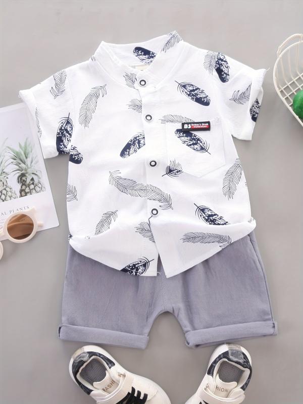 2pcs Baby Boys Feather Print Shirt & Shorts Set Cotton Casual Clothes