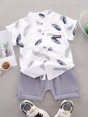 2pcs Baby Boys Feather Print Shirt & Shorts Set Cotton Casual Clothes