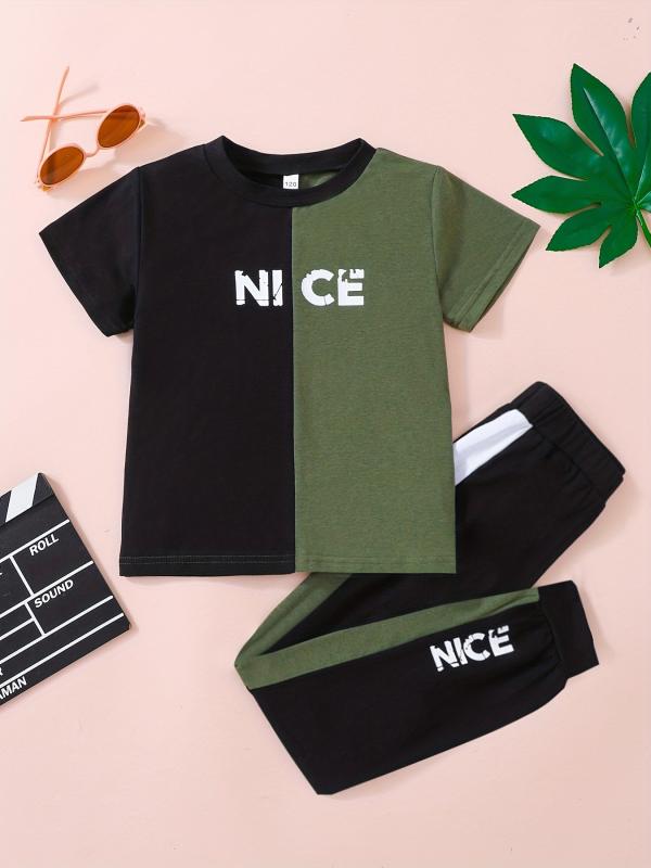 2 Boys Letter Graphic Round Neck Tee & Pants Set Kids Summer Clothes