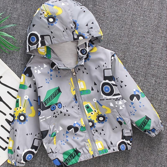 Children's Gray Excavator Print Zipper Coat Hoodie