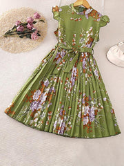 Girls Floral Graphic Pleated Dress For Party Beach Vacation