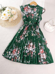Girls Floral Graphic Pleated Dress For Party Beach Vacation