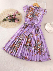 Girls Floral Graphic Pleated Dress For Party Beach Vacation