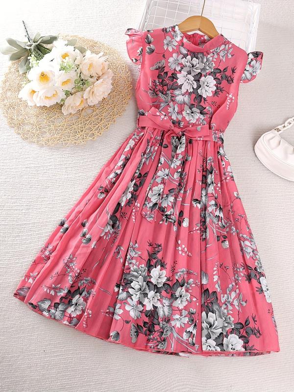 Girls Floral Graphic Pleated Dress For Party Beach Vacation