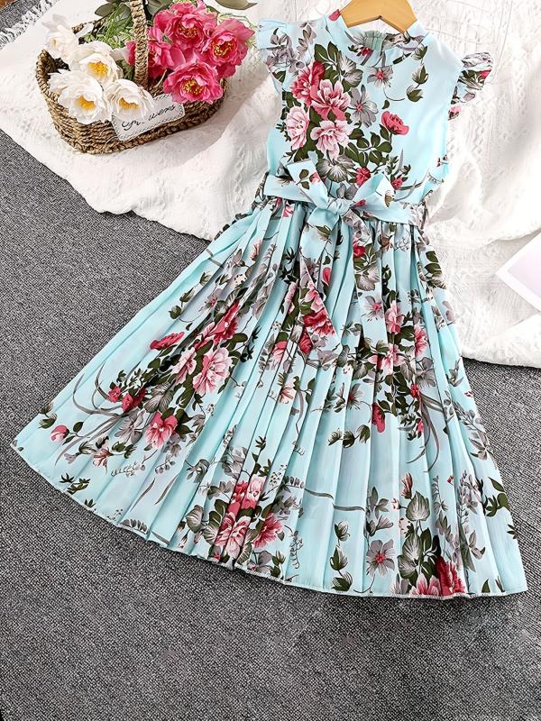 Girls Floral Graphic Pleated Dress For Party Beach Vacation