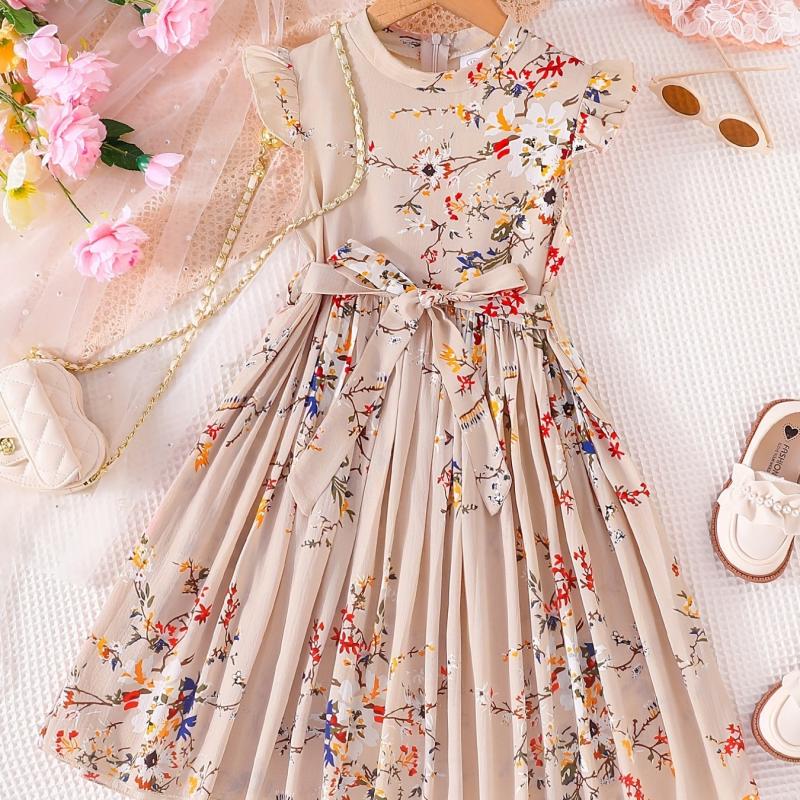 Girls Floral Graphic Pleated Dress For Party Beach Vacation