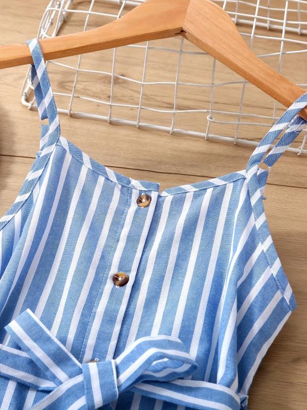 Girls Striped Button Front Belt Dress Casual Vacation Kids Clothes