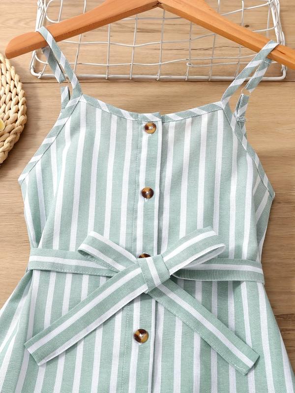 Girls Striped Button Front Belt Dress Casual Vacation Kids Clothes