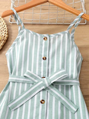 Girls Striped Button Front Belt Dress Casual Vacation Kids Clothes
