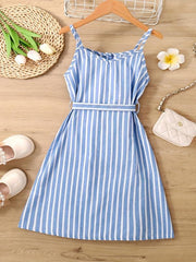 Girls Striped Button Front Belt Dress Casual Vacation Kids Clothes