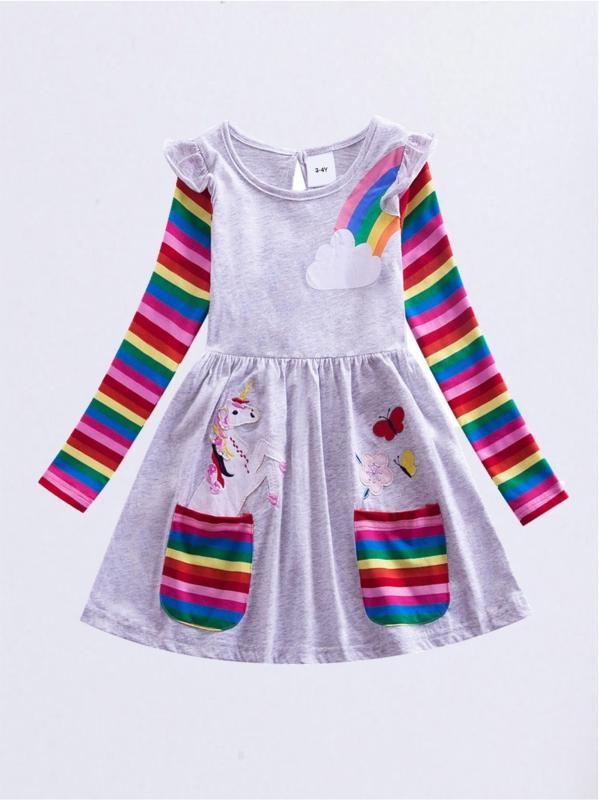 Girls Unicorn Embroidered Dress With Pockets