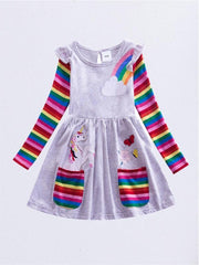 Girls Unicorn Embroidered Dress With Pockets