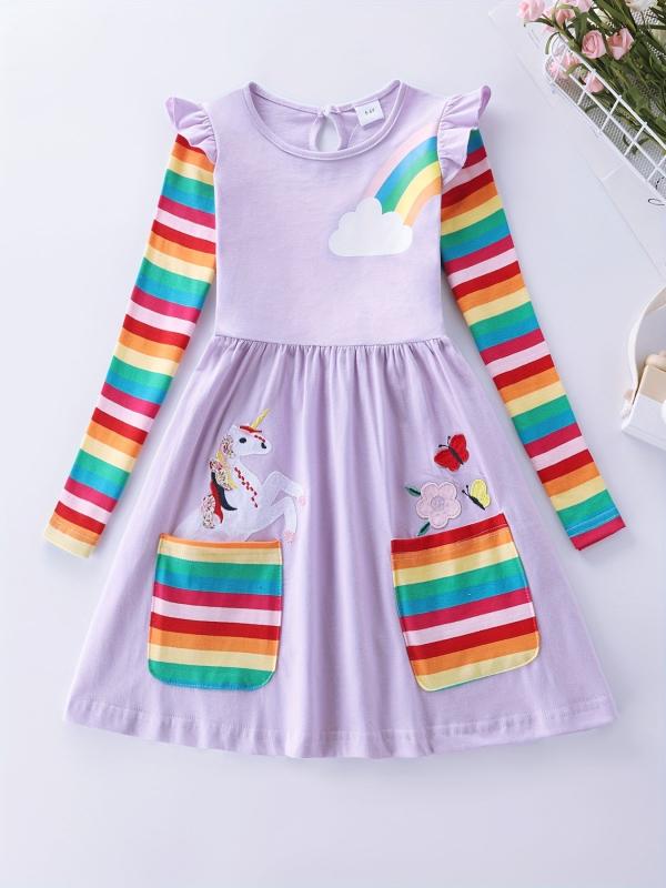 Girls Unicorn Embroidered Dress With Pockets