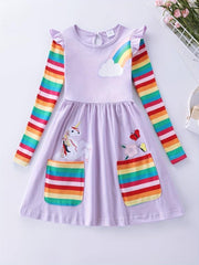 Girls Unicorn Embroidered Dress With Pockets