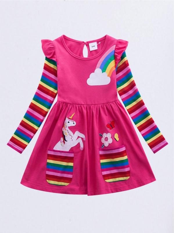 Girls Unicorn Embroidered Dress With Pockets