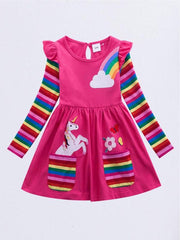 Girls Unicorn Embroidered Dress With Pockets