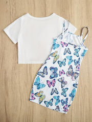 Girls Butterfly Knot Tee Top & Cami Dress Set for Party