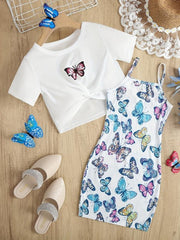 Girls Butterfly Knot Tee Top & Cami Dress Set for Party