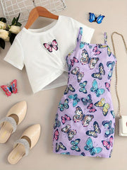 Girls Butterfly Knot Tee Top & Cami Dress Set for Party