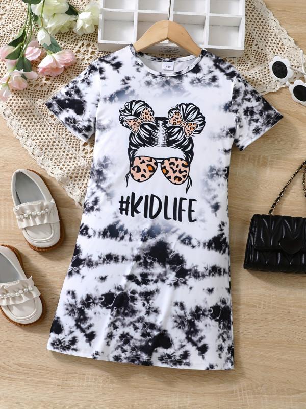 Girls Tie Dye Short Sleeve T Shirt Dress Loose Fit Comfortable Random Print