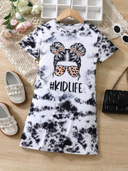 Girls Tie Dye Short Sleeve T Shirt Dress Loose Fit Comfortable Random Print