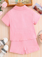 Kids Button Down Short Sleeve Jacket & Cropped Camisole & Shorts Girls Suit