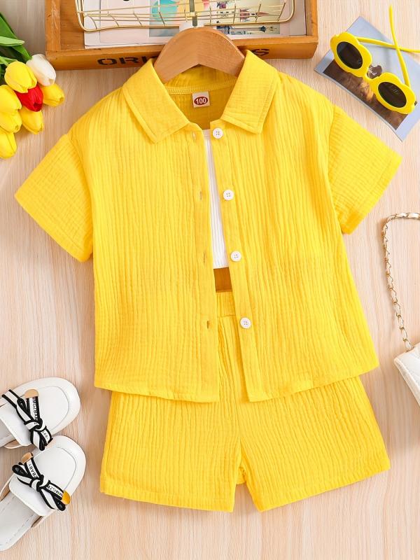 Kids Button Down Short Sleeve Jacket & Cropped Camisole & Shorts Girls Suit