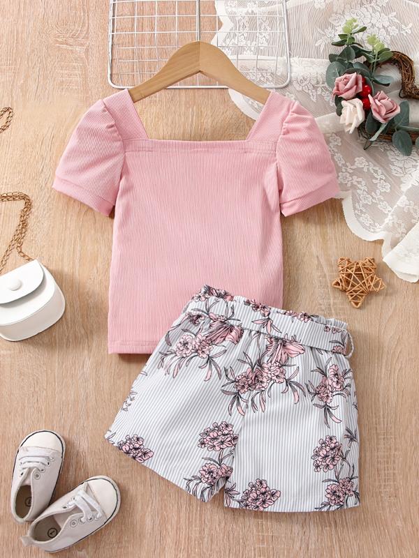 Girls Puff Sleeve Top & Stripes Flowers Shorts Set - Kids Summer Clothes