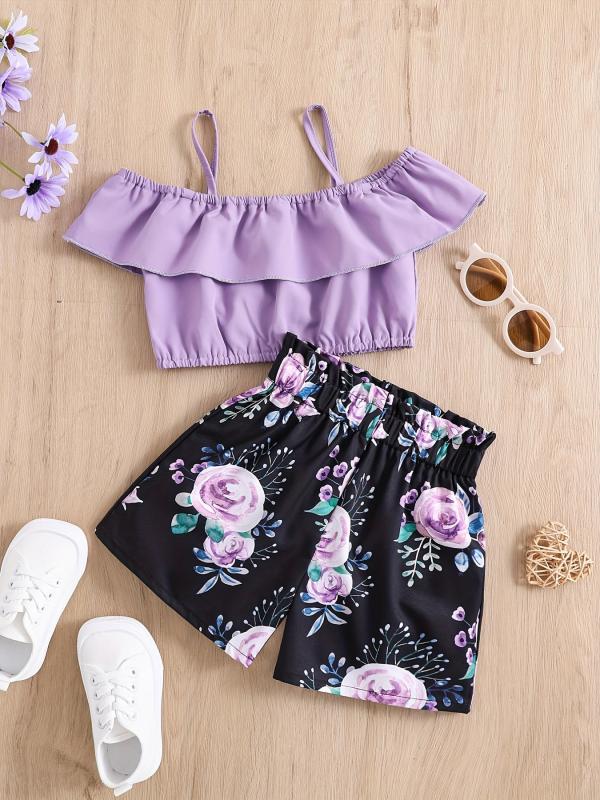 Toddler Girls Cold Shoulder Crop Top & Floral Shorts Set