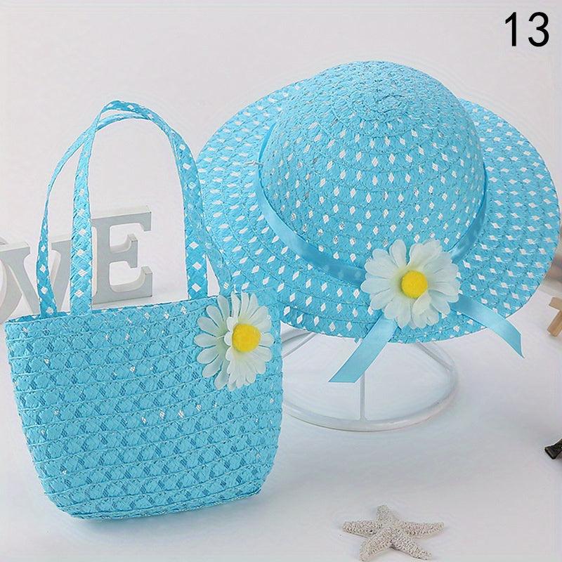 Girls Floral Straw Sun Hat & Bag Set Lightweight Cap For Kids