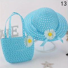 Girls Floral Straw Sun Hat & Bag Set Lightweight Cap For Kids