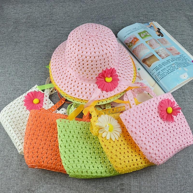 Girls Floral Straw Sun Hat & Bag Set Lightweight Cap For Kids