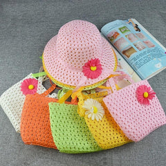 Girls Floral Straw Sun Hat & Bag Set Lightweight Cap For Kids