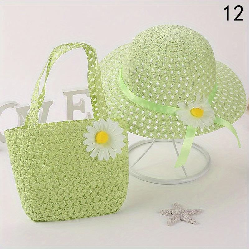 Girls Floral Straw Sun Hat & Bag Set Lightweight Cap For Kids