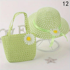 Girls Floral Straw Sun Hat & Bag Set Lightweight Cap For Kids