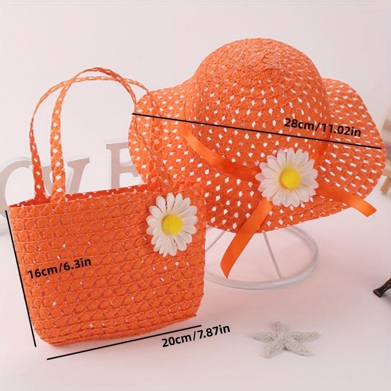 Girls Floral Straw Sun Hat & Bag Set Lightweight Cap For Kids