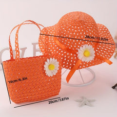 Girls Floral Straw Sun Hat & Bag Set Lightweight Cap For Kids
