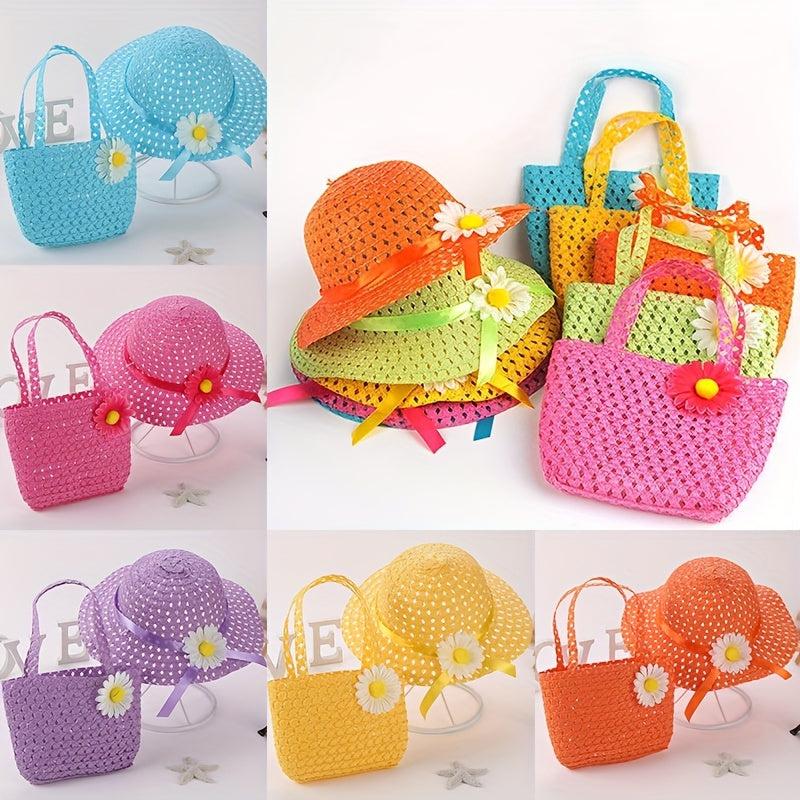 Girls Floral Straw Sun Hat & Bag Set Lightweight Cap For Kids