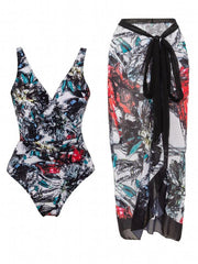 Tropical Print Two Pieces Swimsuit High Cut With Cover Up Wrap Swimsuit