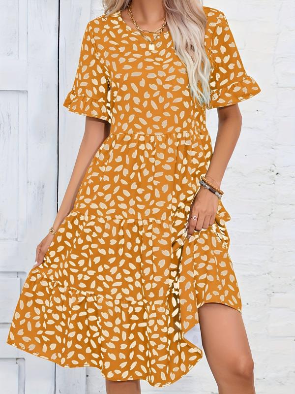 Printed Ruffle Trim Dress Casual Ruched Short Sleeve Dress