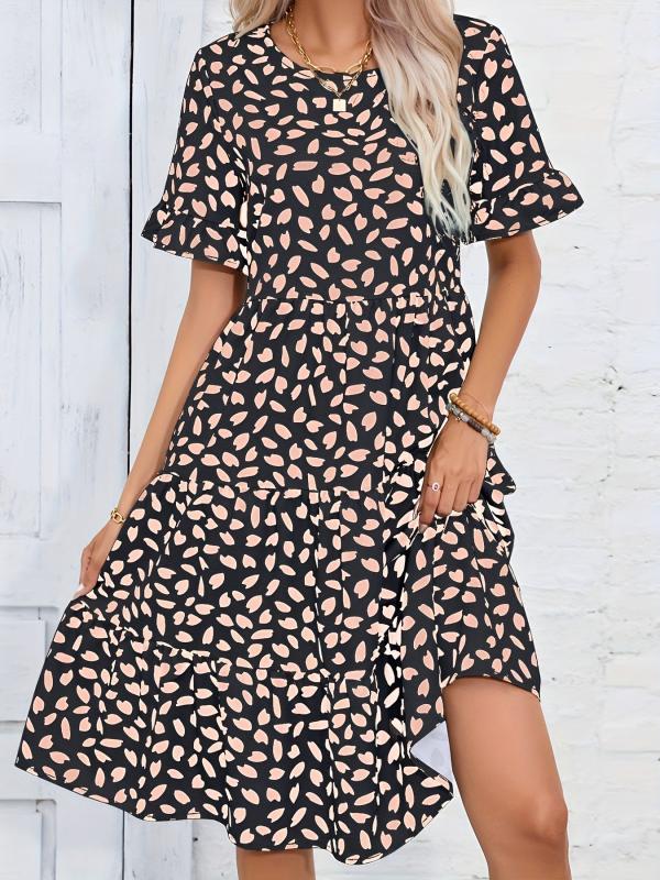 Printed Ruffle Trim Dress Casual Ruched Short Sleeve Dress